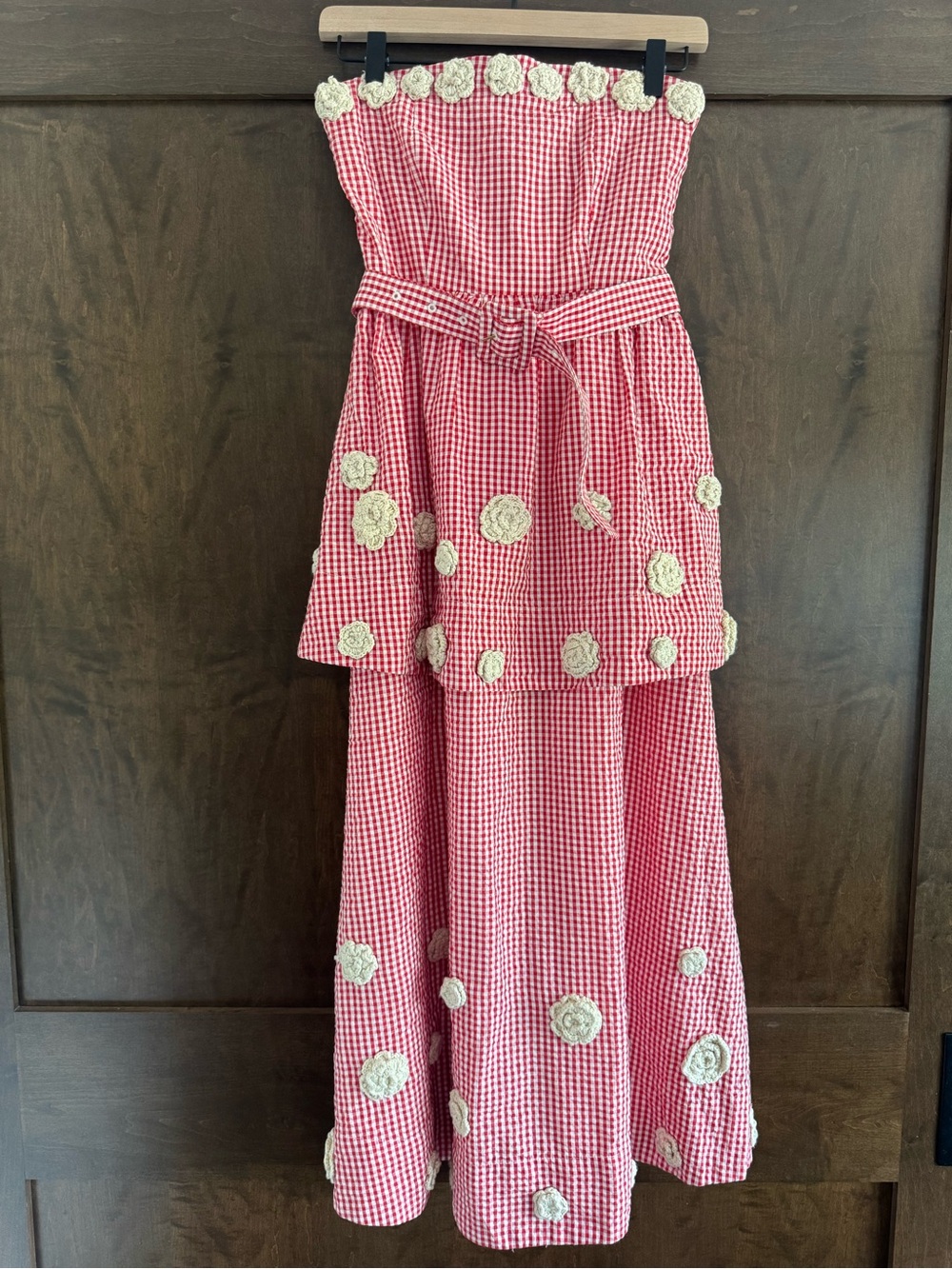 NWT Eddy Daisy Dress x Rainey Collaboration Red Gingham & Cream Crochet Flowers